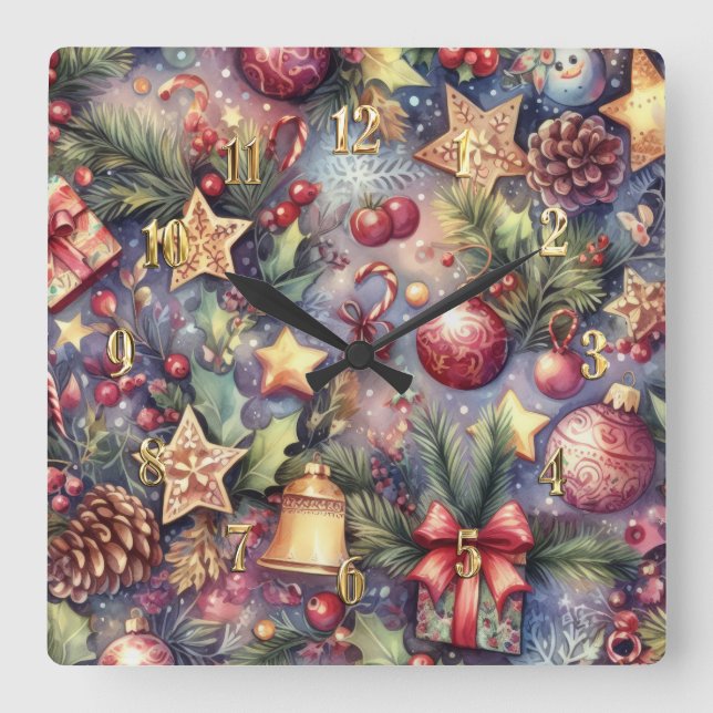 Watercolor Purple Christmas Motifs Holiday Square Wall Clock (Front)