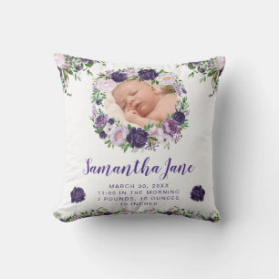 Watercolor Purple & Cream Flowers Baby Photo Cushion