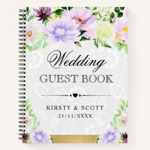 Watercolor Purple Cream Flowers Wedding Guest Book
