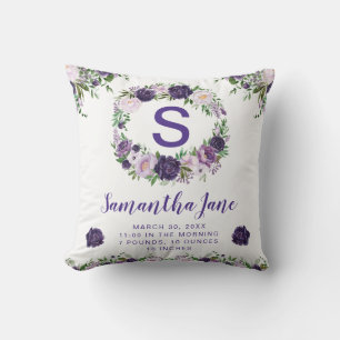 Watercolor Purple & Cream Flowers Wreath Baby Cushion