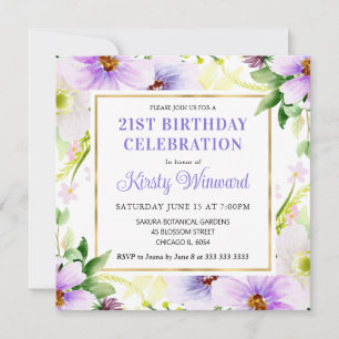 Watercolor Purple Cream Summer Flowers Birthday Invitation