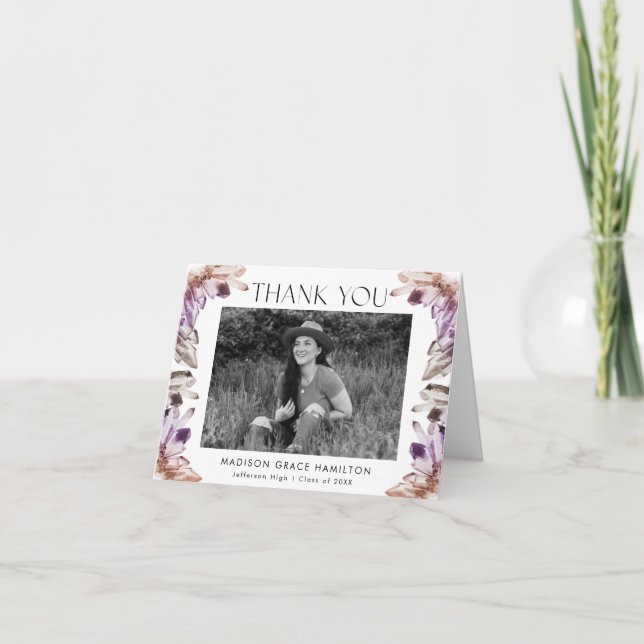 Watercolor Purple Crystals Photo Graduation Thank You Card (Front)