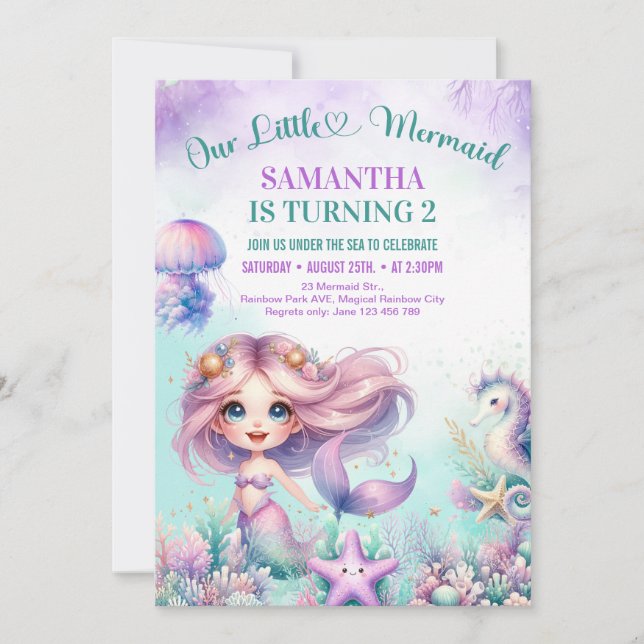 Watercolor purple cute mermaid 2nd birthday girl invitation (Front)