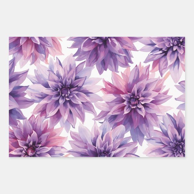 Watercolor Purple Dahlia Flowers  Wrapping Paper Sheet (Front)