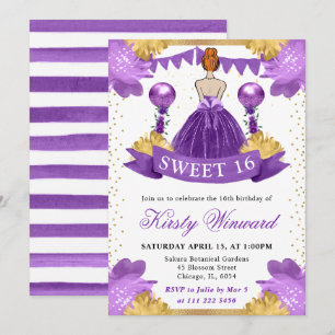 Watercolor Purple Dress Red Hair Princess Sweet 16 Invitation