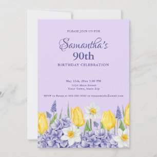 Watercolor Purple Floral 90th Birthday Party Invitation