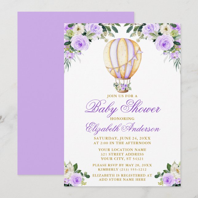 Watercolor Purple Floral Air Balloon Baby Shower Invitation (Front/Back)