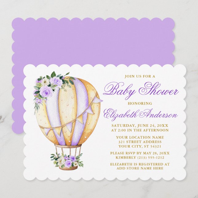 Watercolor Purple Floral Baby Shower Air Balloon Invitation (Front/Back)
