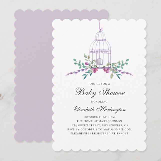 Watercolor purple floral birdcage baby shower invitation (Front/Back)