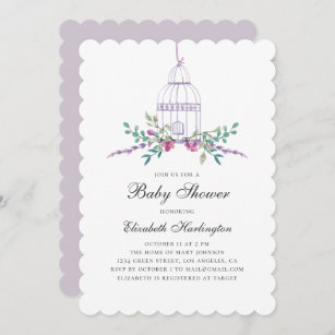 Watercolor purple floral birdcage baby shower invitation
