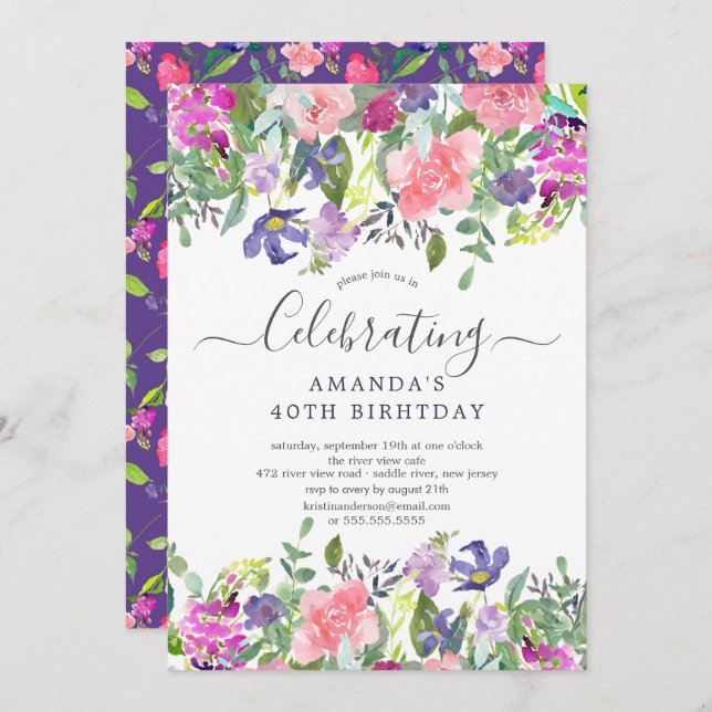 Watercolor Purple Floral Birthday Party Invitation (Front/Back)