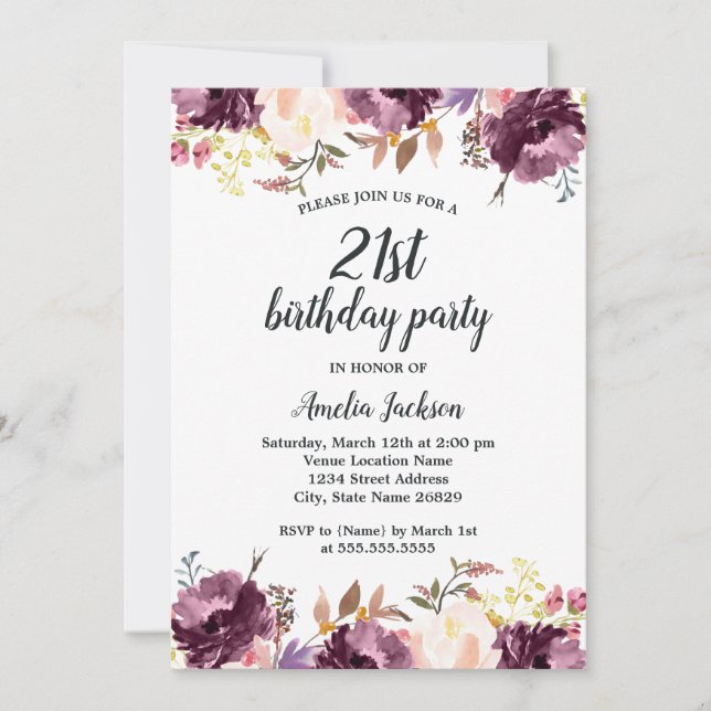 Watercolor Purple Floral Bloom 21st Birthday Party Invitation (Front)