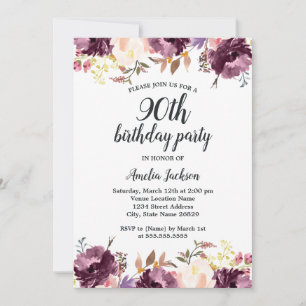 Watercolor Purple Floral Bloom 90th Birthday Party Invitation