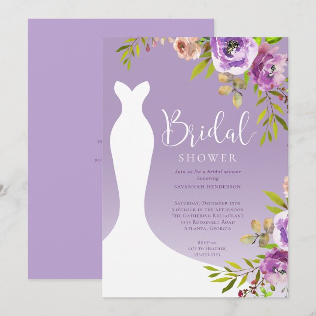 Watercolor Purple Floral Bridal Gown Shower Invitation (Front/Back)