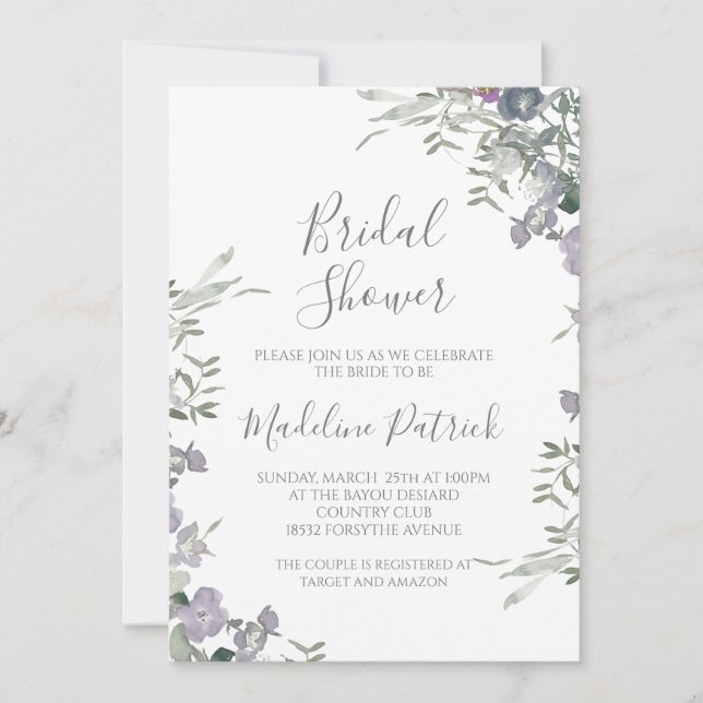 Watercolor Purple Floral Bridal Shower Invitation (Front)