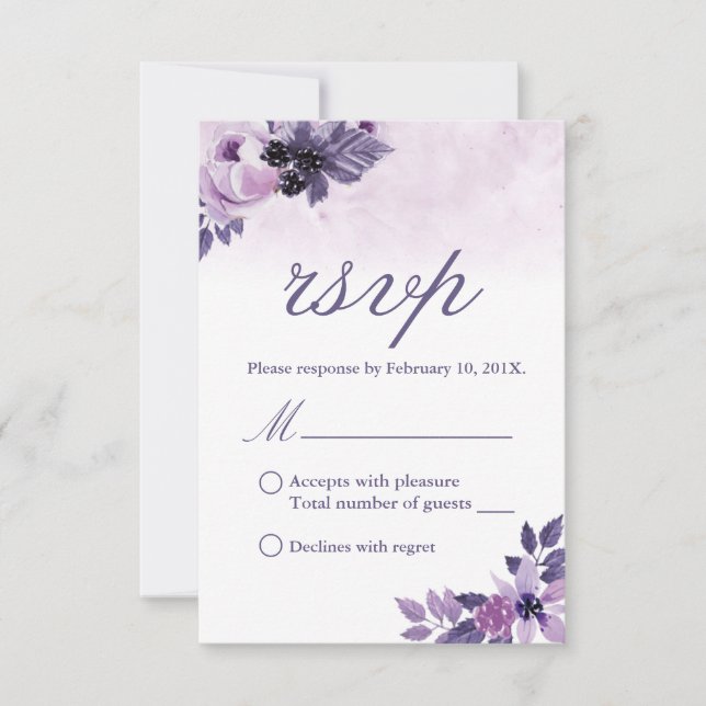 Watercolor Purple Floral Elegant Wedding RSVP Card (Front)