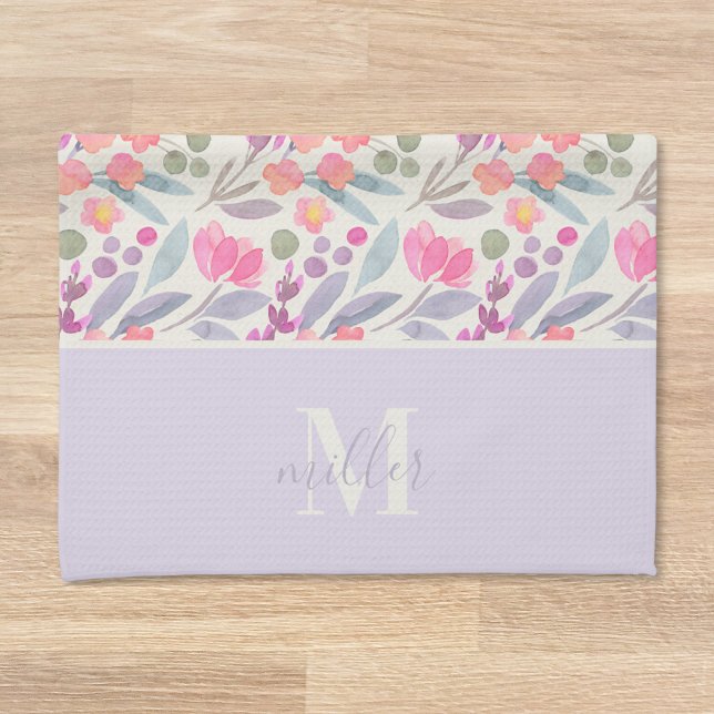 Watercolor Purple Floral Family Name Monogram Tea Towel (Creator Uploaded)