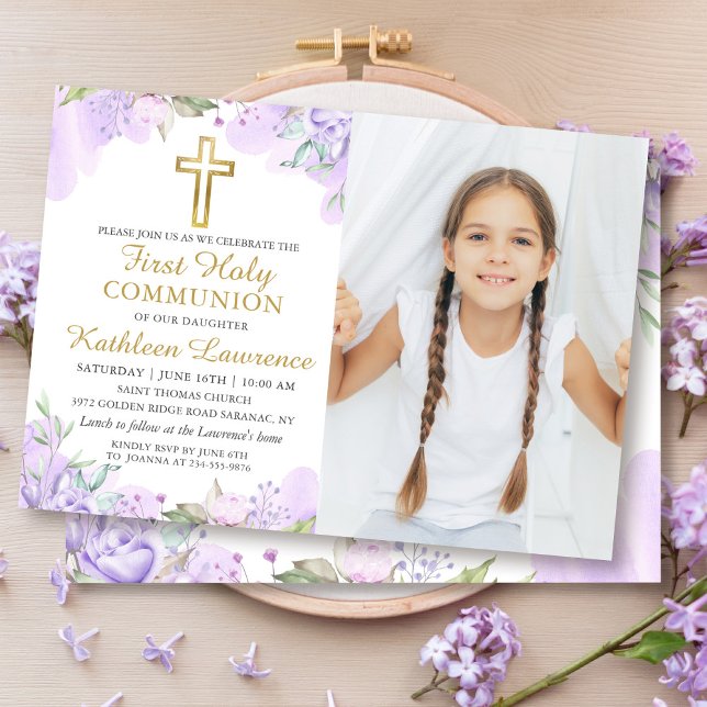 Watercolor Purple Floral First Communion Photo Invitation (Creator Uploaded)