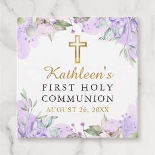 Watercolor Purple Floral First Communion Thank You Favour Tags