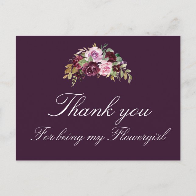 watercolor purple floral flowergirl thank you card (Front)