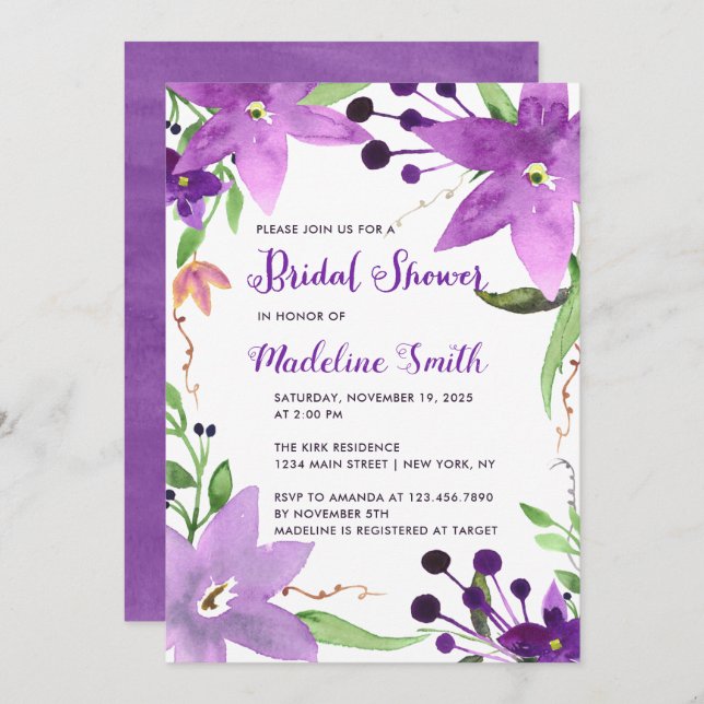 Watercolor purple floral frame bridal shower invitation (Front/Back)
