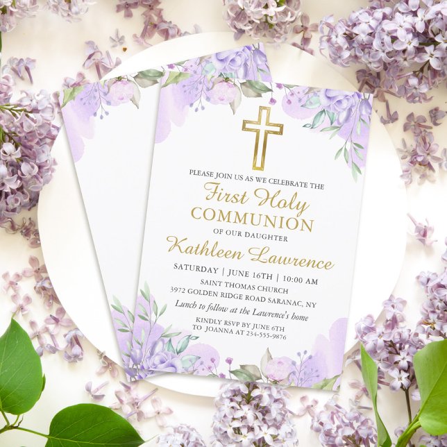 Watercolor Purple Floral Girl First Holy Communion Invitation (Creator Uploaded)