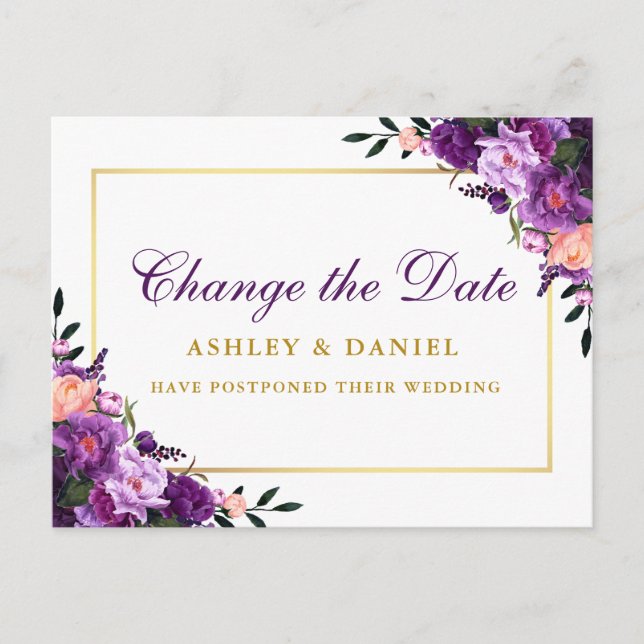 Watercolor Purple Floral Gold Change The Date Postcard (Front)