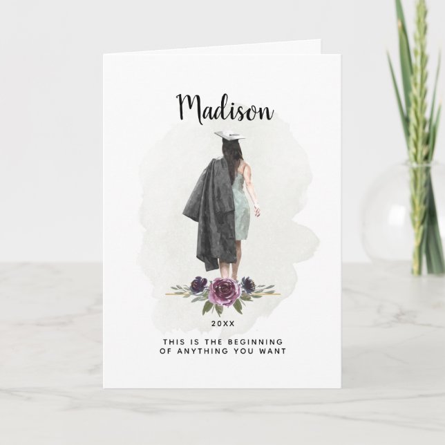 Watercolor Purple Floral Graduation Brunette Girl Card (Front)