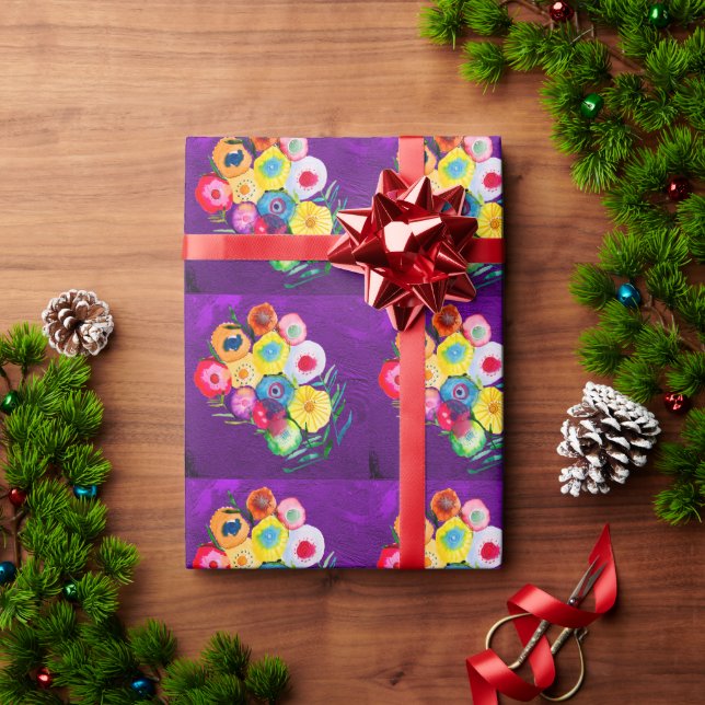 Watercolor purple floral lolly flowers wrapping paper (Holiday Gift)