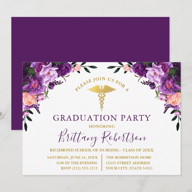 Watercolor Purple Floral Medical Graduation Party Invitation (Front/Back)