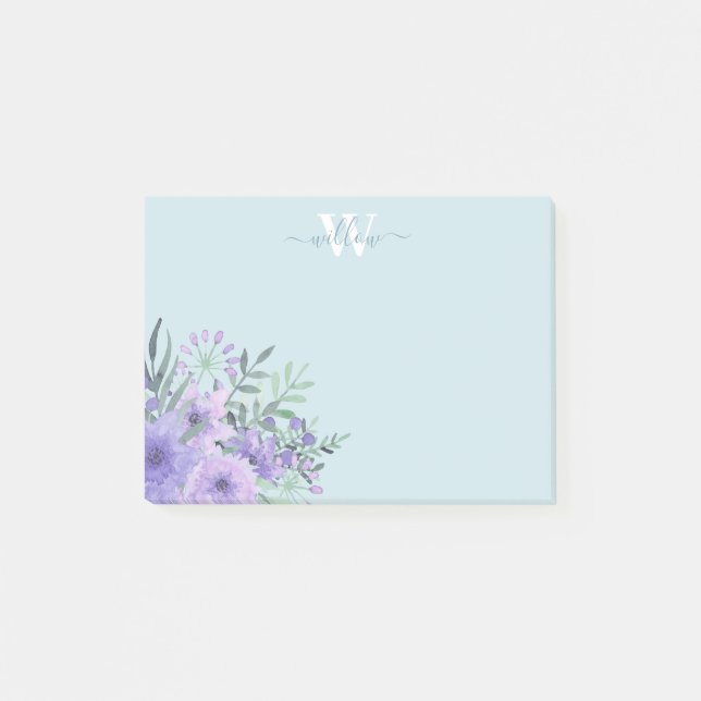 Watercolor Purple Floral Monogram Post-It Notes (Front)