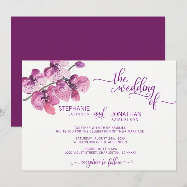 Watercolor Purple Floral Orchid Flowers Wedding Invitation (Front/Back)