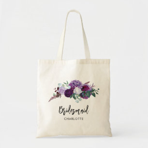 Watercolor Purple Floral Script Wedding Bridesmaid Tote Bag