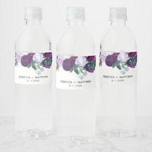 Watercolor Purple Floral Script Wedding Water Bottle Label