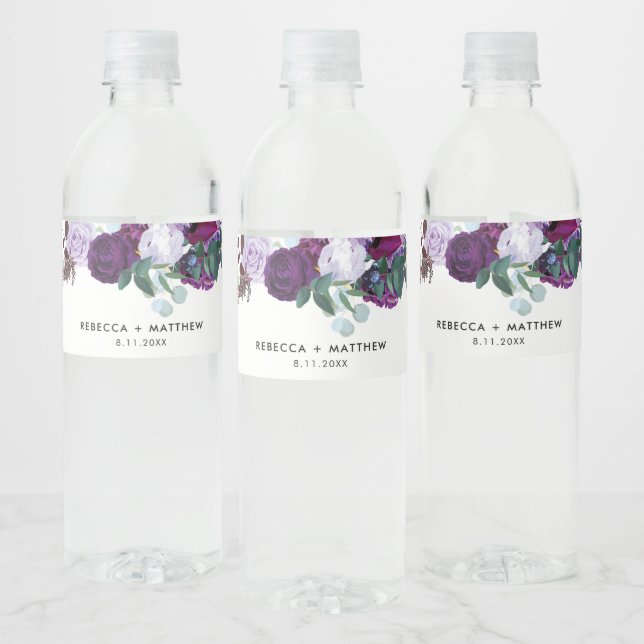 Watercolor Purple Floral Script Wedding Water Bottle Label (Bottles)