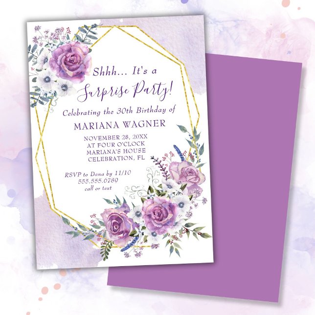 Watercolor Purple Floral Surprise Birthday Party Invitation (Creator Uploaded)