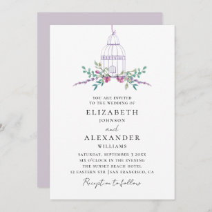 Watercolor purple floral vintage birdcage wedding invitation