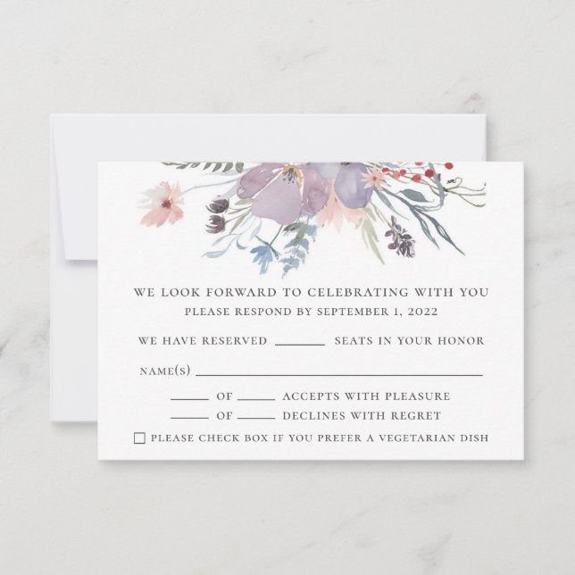 Watercolor purple floral wedding. Elegant rustic RSVP Card (Front)