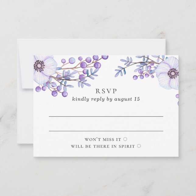 Watercolor purple floral wedding. Lilac botanical RSVP Card (Front)