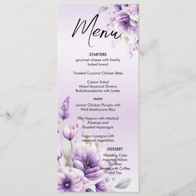 Watercolor Purple Floral Wedding Menu (Front)