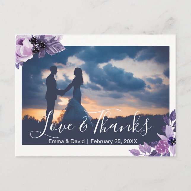Watercolor Purple Floral Wedding Photo Thank You Postcard (Front)