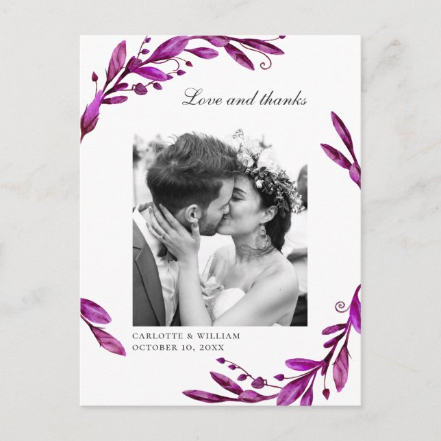 Watercolor purple floral wedding photo thank you postcard (Front)