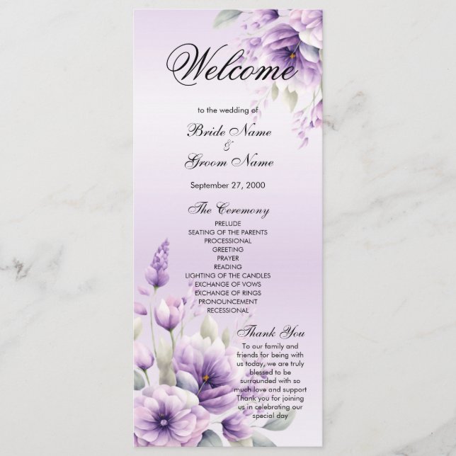 Watercolor Purple Floral Wedding Program Programme (Front)