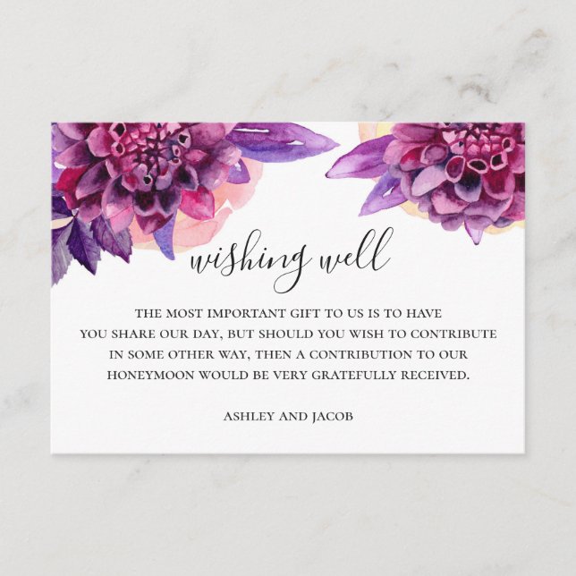 Watercolor purple floral wedding wishing well enclosure card (Front)