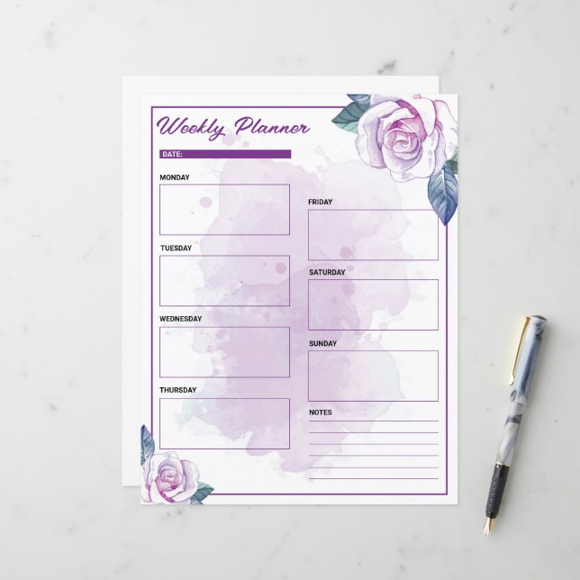Watercolor Purple Floral Weekly Planner (Front/Back In Situ)
