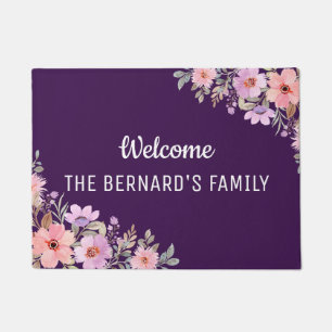 Watercolor purple floral welcome script Door Mat