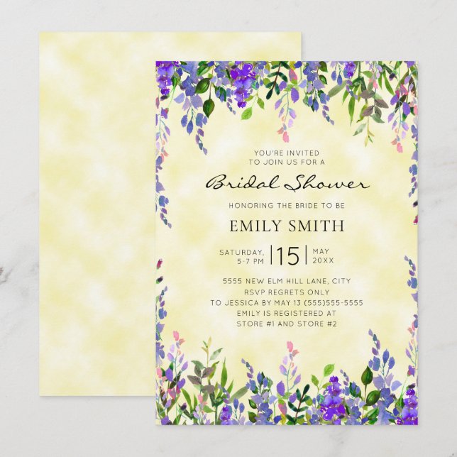 Watercolor Purple Floral Yellow Bridal Shower Invitation (Front/Back)