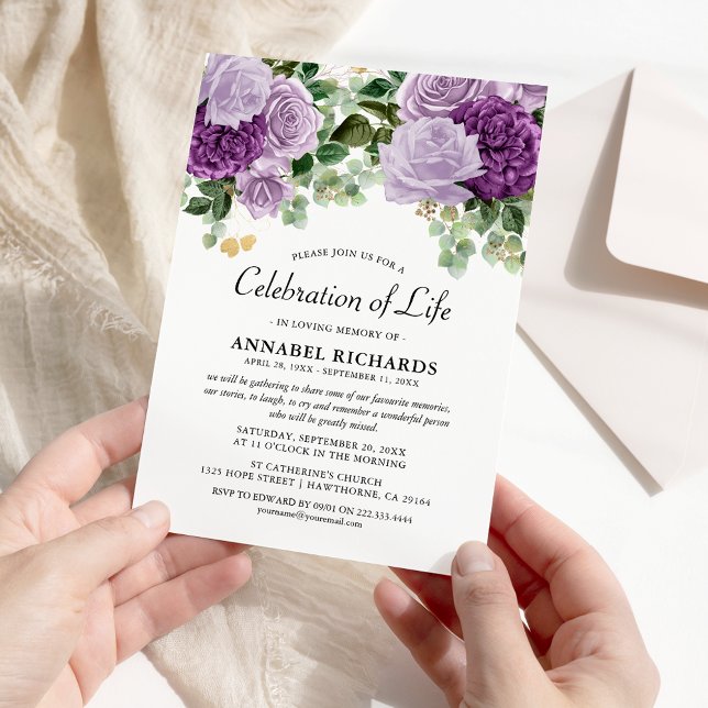 Watercolor Purple Florals Celebration of Life Invitation (Creator Uploaded)