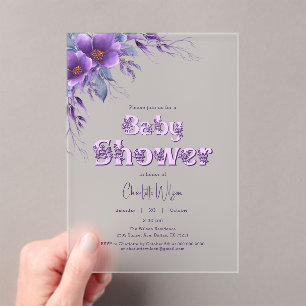 Watercolor Purple Flower Baby Shower Acrylic Invitations