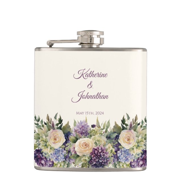Watercolor Purple Flower Bouquet- Hip Flask (Front)